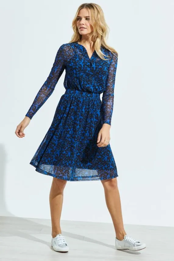 Sosandar Blue and Black Print Shirred Waist Mesh Dress Blue Black Women Dresses