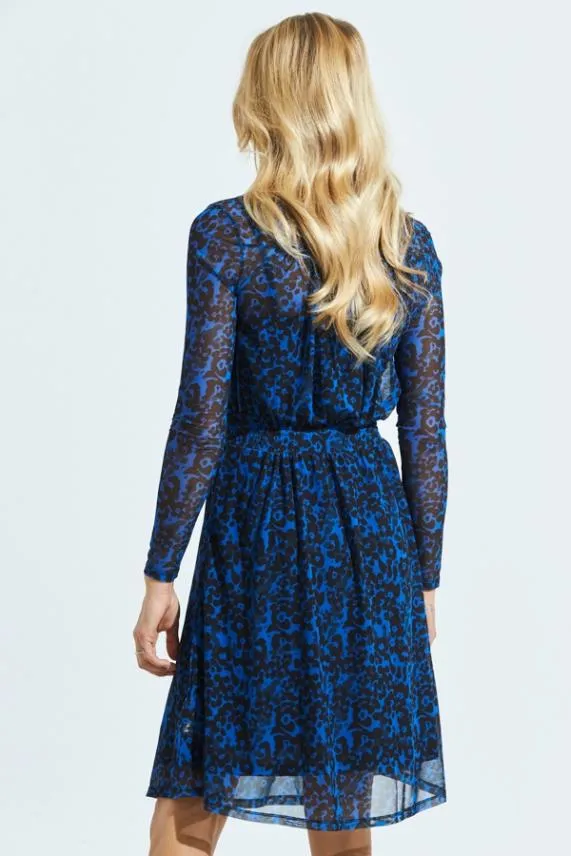 Sosandar Blue and Black Print Shirred Waist Mesh Dress Blue Black Women Dresses