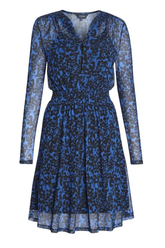 Sosandar Blue and Black Print Shirred Waist Mesh Dress Blue Black Women Dresses