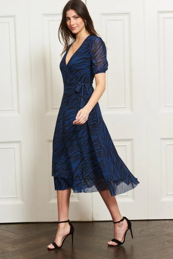 Sosandar Blue and Black Zebra Print Mesh Wrap Dress Blue Black Women Dresses