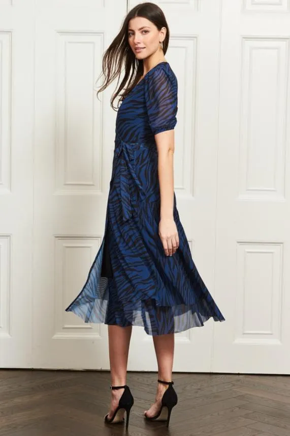 Sosandar Blue and Black Zebra Print Mesh Wrap Dress Blue Black Women Dresses