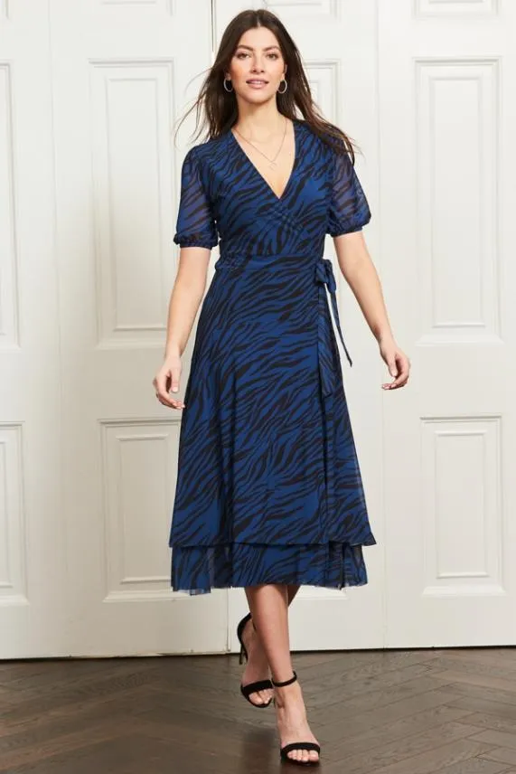 Sosandar Blue and Black Zebra Print Mesh Wrap Dress Blue Black Women Dresses