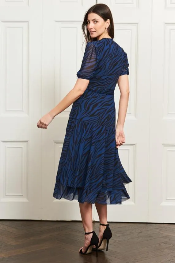 Sosandar Blue and Black Zebra Print Mesh Wrap Dress Blue Black Women Dresses