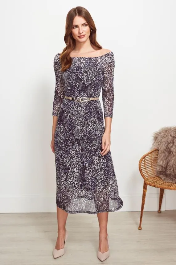 Sosandar Blue and White Abstract Print Bardot Mesh Dress Blue White Women Dresses