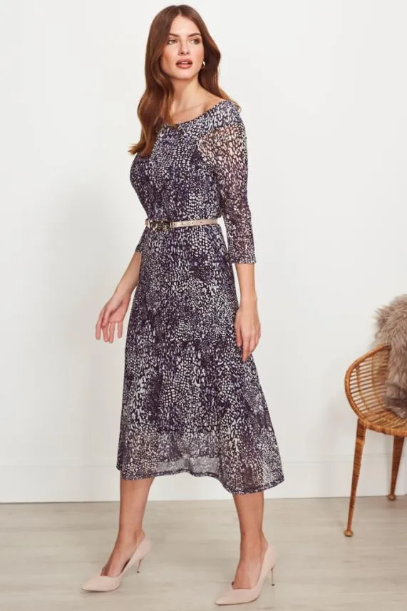 Sosandar Blue and White Abstract Print Bardot Mesh Dress Blue White Women Dresses