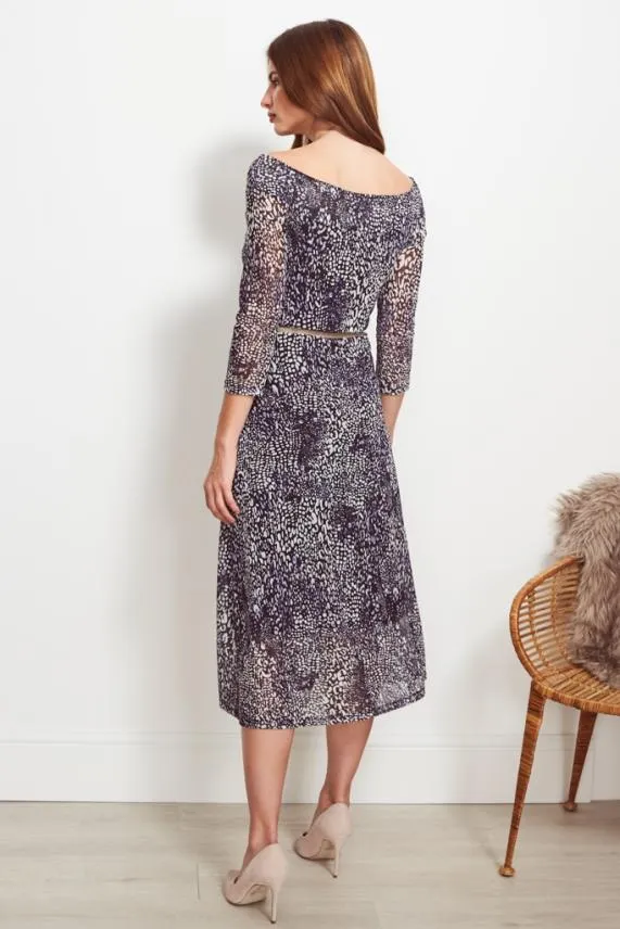 Sosandar Blue and White Abstract Print Bardot Mesh Dress Blue White Women Dresses