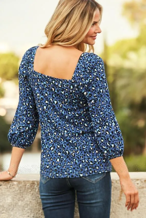 Sosandar Blue Animal Print Square Neck Jersey Top Blue Women Tops