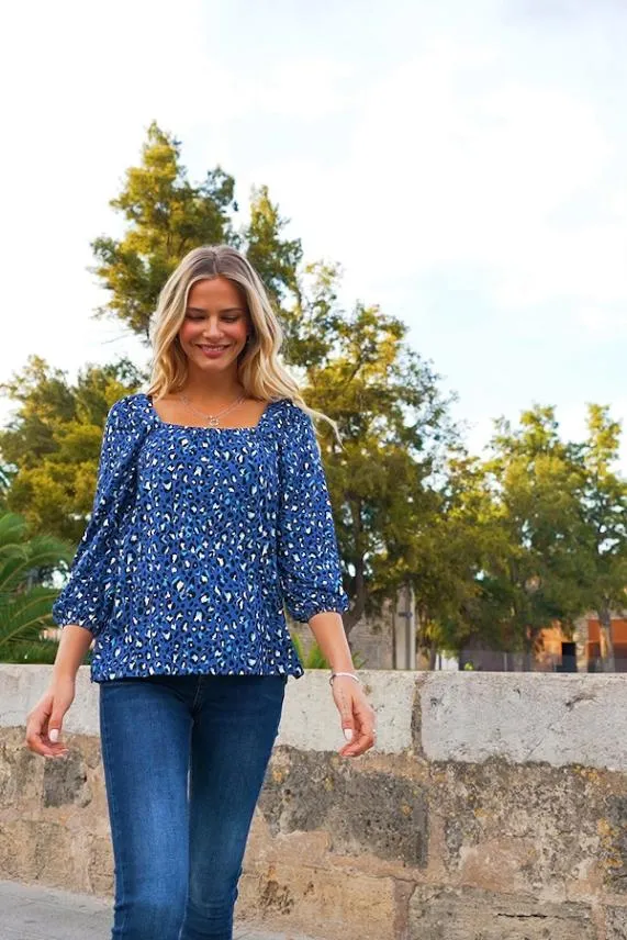Sosandar Blue Animal Print Square Neck Jersey Top Blue Women Tops
