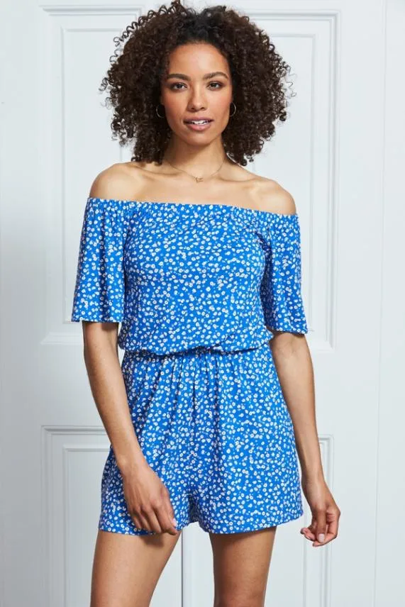 Sosandar Blue Ditsy Floral Print Bardot Playsuit Blue Women Jumpsuits and Playsuits