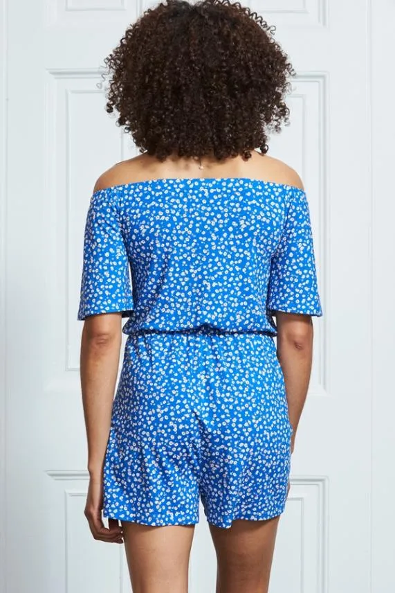 Sosandar Blue Ditsy Floral Print Bardot Playsuit Blue Women Jumpsuits and Playsuits