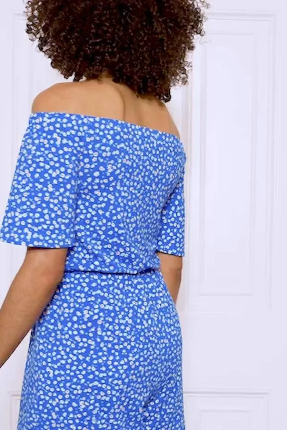 Sosandar Blue Ditsy Floral Print Bardot Playsuit Blue Women Jumpsuits and Playsuits