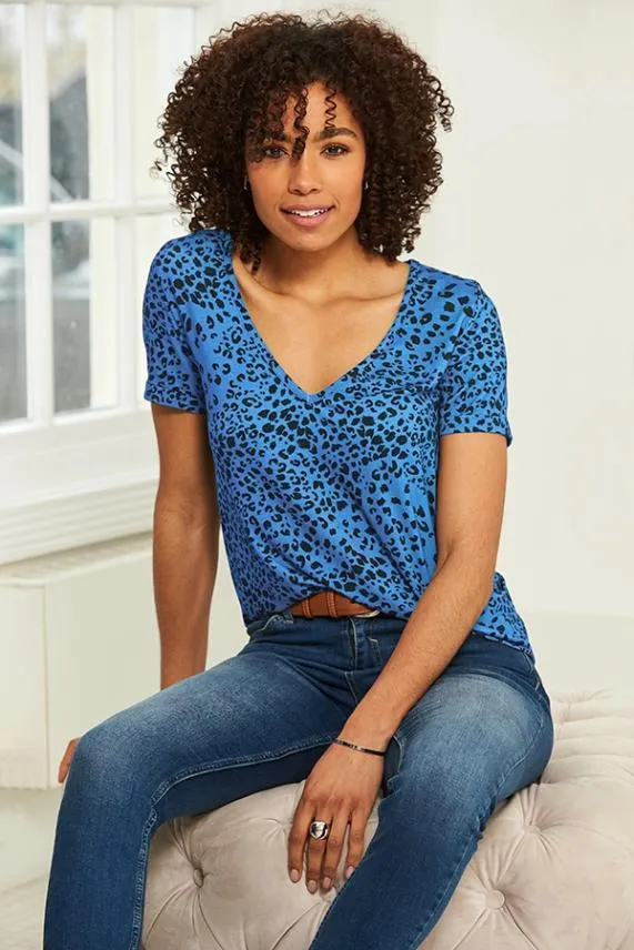 Sosandar Blue Leopard Print Premium Jersey V Neck T Shirt Blue Women Tops