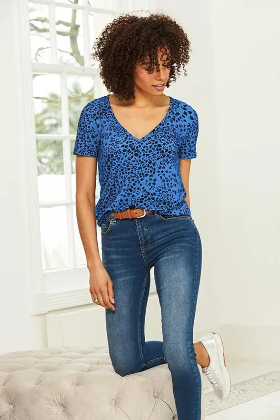 Sosandar Blue Leopard Print Premium Jersey V Neck T Shirt Blue Women Tops