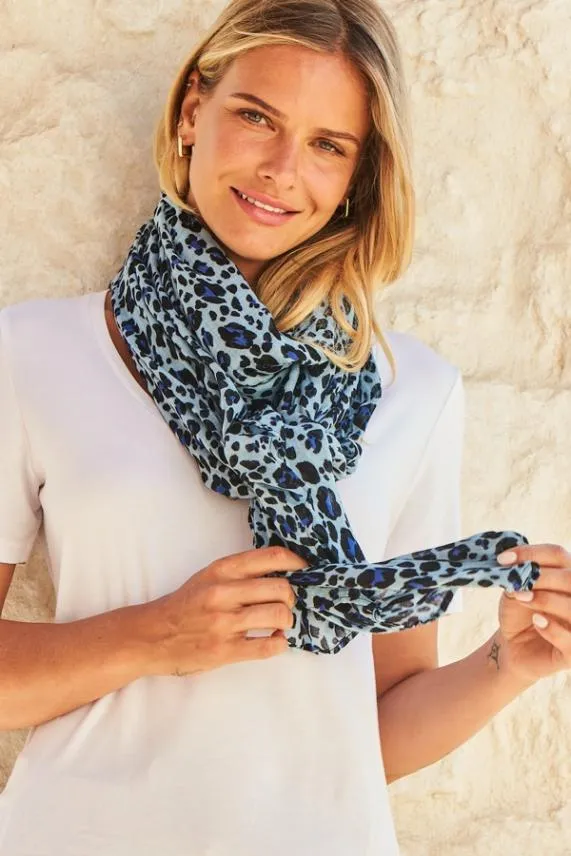 Sosandar Blue Leopard Print Scarf Blue Women Hats Scarves and Gloves