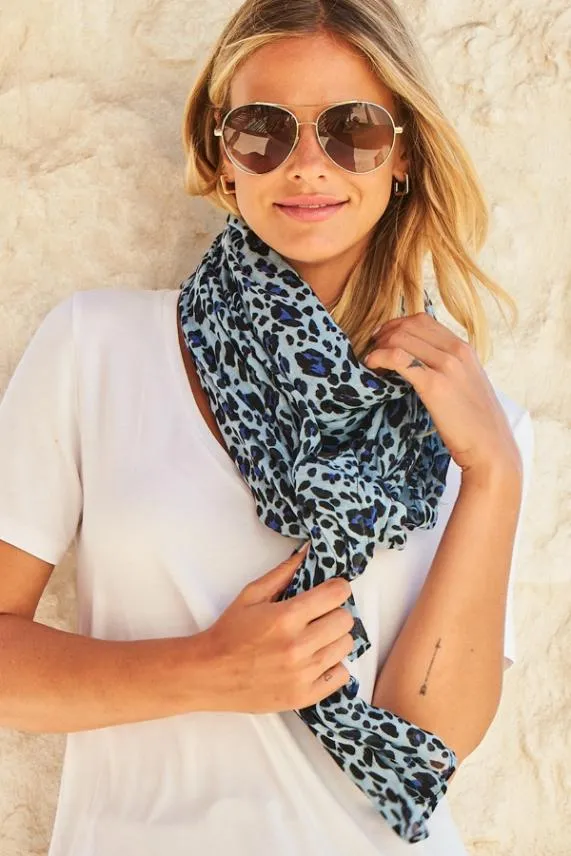 Sosandar Blue Leopard Print Scarf Blue Women Hats Scarves and Gloves
