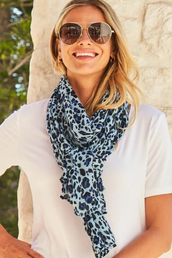 Sosandar Blue Leopard Print Scarf Blue Women Hats Scarves and Gloves