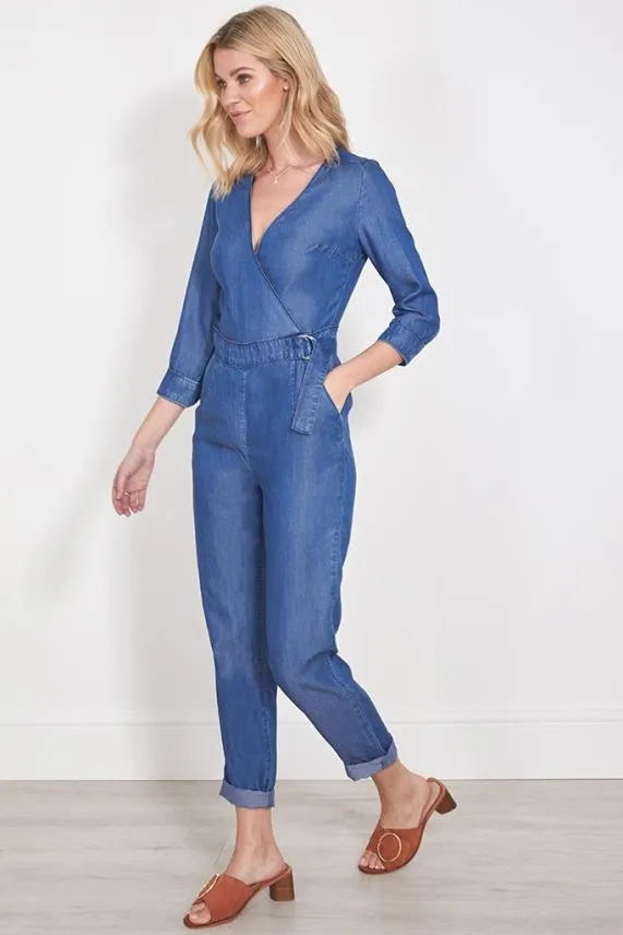 Sosandar Blue Tencel Denim Wrap Front Buckle Detail Jumpsuit Blue Women Jumpsuits and Playsuits Sosandar Blue Tencel Denim Wrap Front Buckle Detail Jumpsuit Blue Women Jumpsuits and Playsuits