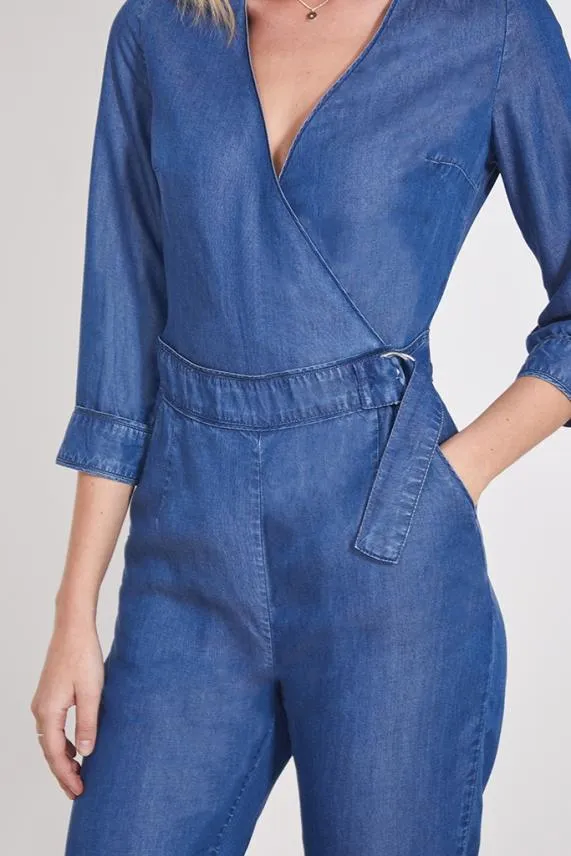Sosandar Blue Tencel Denim Wrap Front Buckle Detail Jumpsuit Blue Women Jumpsuits and Playsuits
