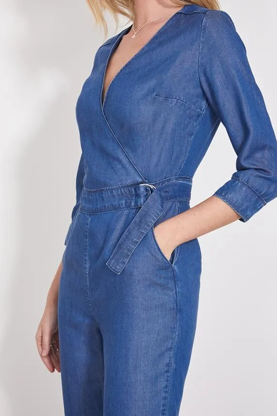 Sosandar Blue Tencel Denim Wrap Front Buckle Detail Jumpsuit Blue Women Jumpsuits and Playsuits