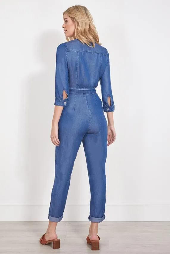 Sosandar Blue Tencel Denim Wrap Front Buckle Detail Jumpsuit Blue Women Jumpsuits and Playsuits