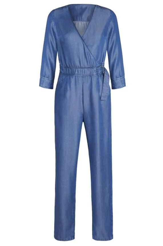 Sosandar Blue Tencel Denim Wrap Front Buckle Detail Jumpsuit Blue Women Jumpsuits and Playsuits