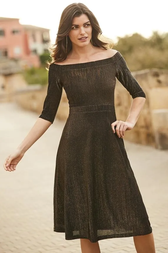 Sosandar Bronze Metallic Bardot Fit and Flare Dress Women Dresses