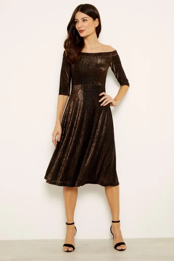 Sosandar Bronze Metallic Bardot Fit and Flare Dress Women Dresses