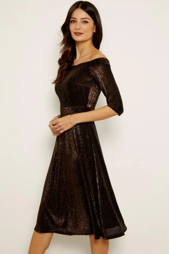 Sosandar Bronze Metallic Bardot Fit and Flare Dress Women Dresses