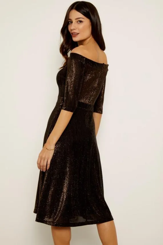 Sosandar Bronze Metallic Bardot Fit and Flare Dress Women Dresses