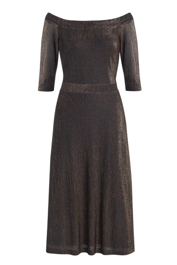 Sosandar Bronze Metallic Bardot Fit and Flare Dress Women Dresses