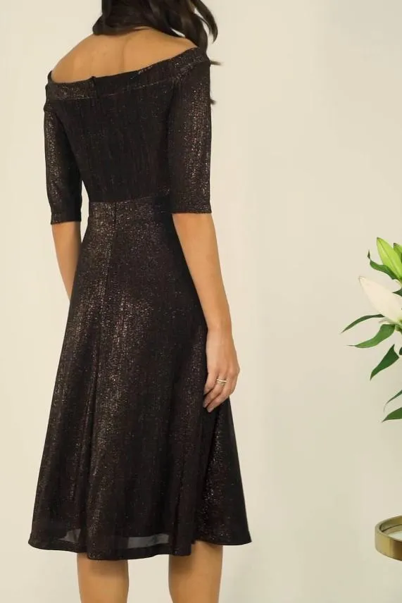 Sosandar Bronze Metallic Bardot Fit and Flare Dress Women Dresses