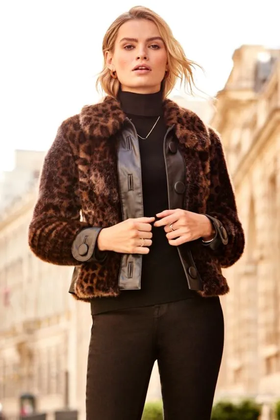 Sosandar Brown Leopard Faux Fur and Leather Look Button Detail Jacket Brown Women Jackets and Coats Sosandar Brown Leopard Faux Fur and Leather Look Button Detail Jacket Brown Women Jackets and Coats