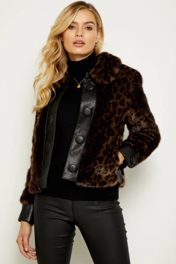Sosandar Brown Leopard Faux Fur and Leather Look Button Detail Jacket Brown Women Jackets and Coats