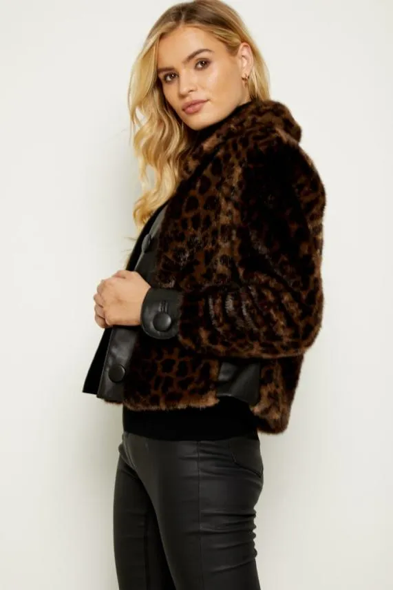 Sosandar Brown Leopard Faux Fur and Leather Look Button Detail Jacket Brown Women Jackets and Coats