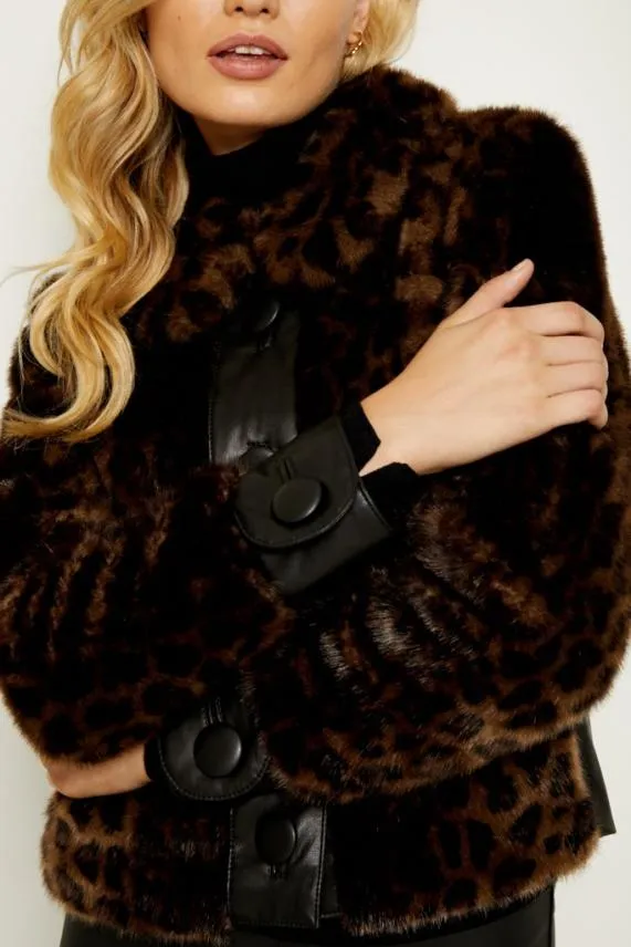 Sosandar Brown Leopard Faux Fur and Leather Look Button Detail Jacket Brown Women Jackets and Coats