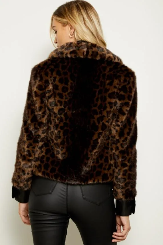 Sosandar Brown Leopard Faux Fur and Leather Look Button Detail Jacket Brown Women Jackets and Coats