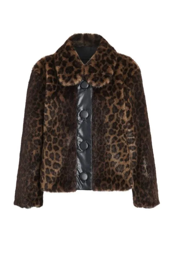 Sosandar Brown Leopard Faux Fur and Leather Look Button Detail Jacket Brown Women Jackets and Coats
