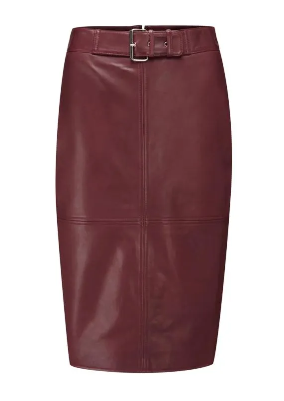 Sosandar Burgundy Leather Buckle Detail Pencil Skirt Burgundy Women Skirts