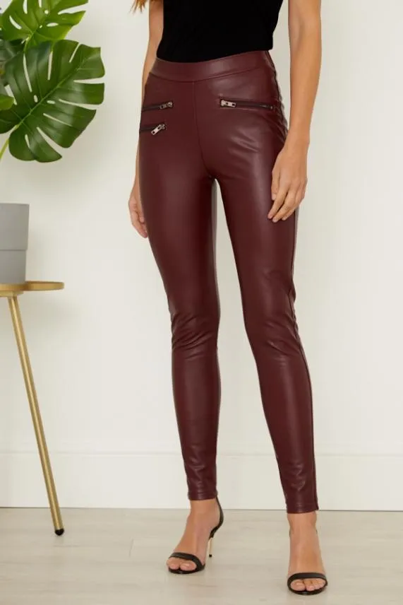 Sosandar Burgundy Leather Look Premium Leggings Burgundy Women Trousers and Leggings