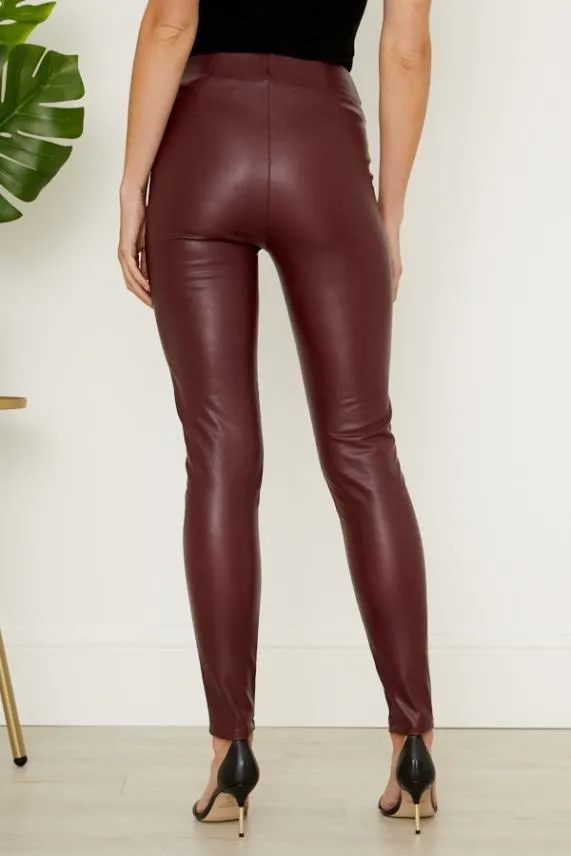 Sosandar Burgundy Leather Look Premium Leggings Burgundy Women Trousers and Leggings
