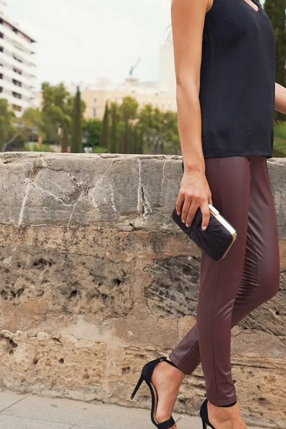 Sosandar Burgundy Leather Look Premium Leggings Burgundy Women Trousers and Leggings