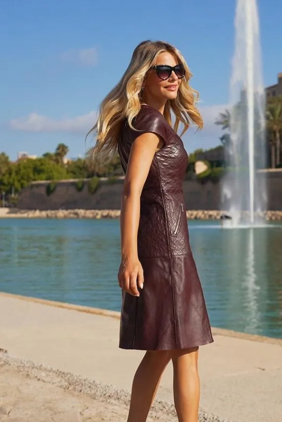 Sosandar Burgundy Leather Quilt Detail Zip Front Fit and Flare Dress Burgundy Women Dresses