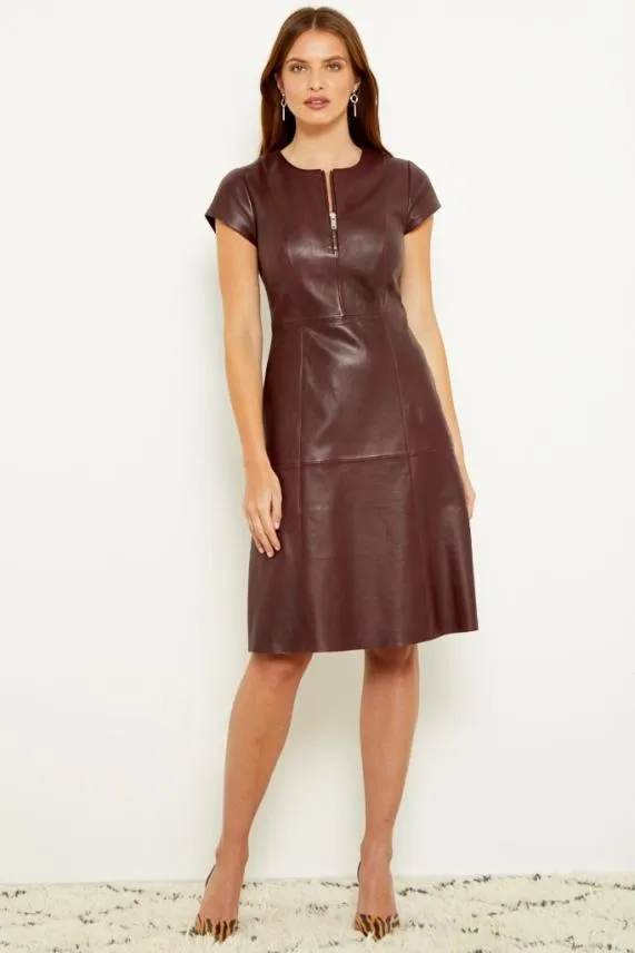 Sosandar Burgundy Luxury Leather Zip Front Fit and Flare Dress Burgundy Women Dresses