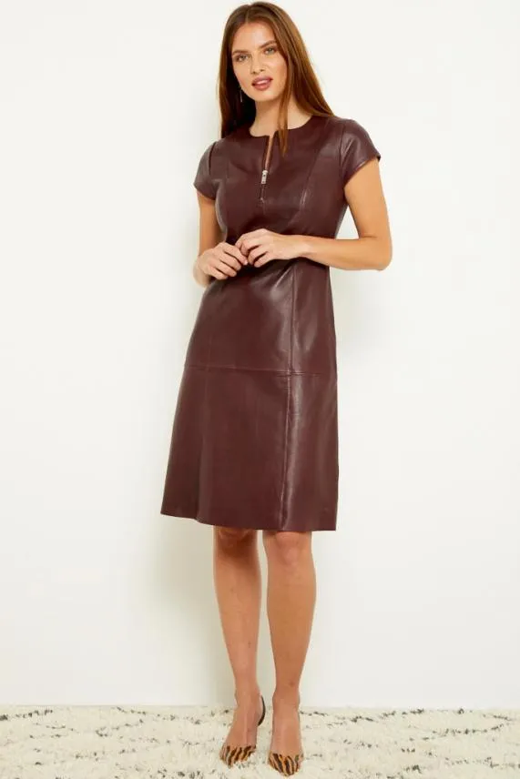 Sosandar Burgundy Luxury Leather Zip Front Fit and Flare Dress Burgundy Women Dresses