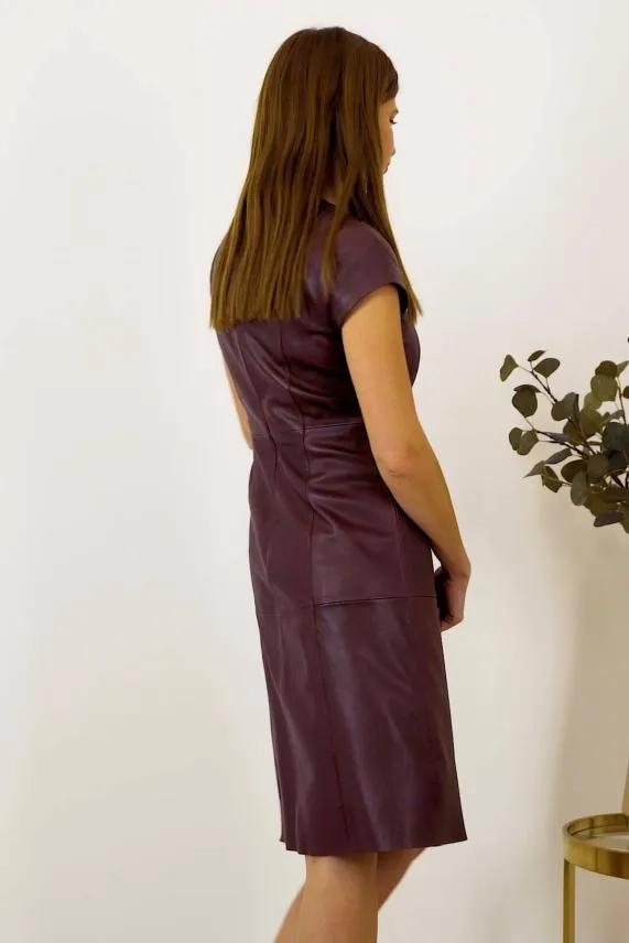 Sosandar Burgundy Luxury Leather Zip Front Fit and Flare Dress Burgundy Women Dresses