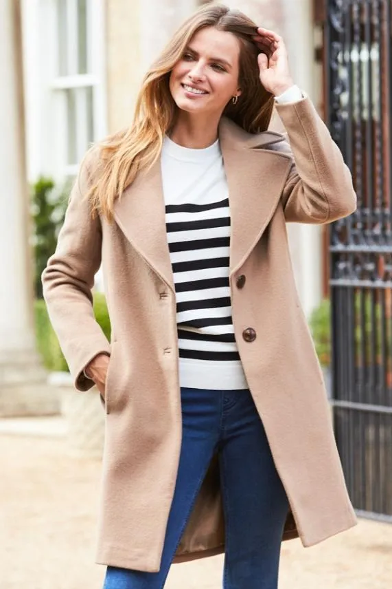 Sosandar Camel Wool Mix Coat With Tortoiseshell Button Detail Camel Women Jackets and Coats