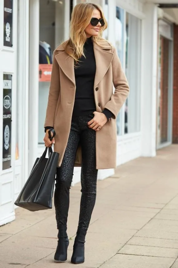 Sosandar Camel Wool Mix Coat With Tortoiseshell Button Detail Camel Women Jackets and Coats