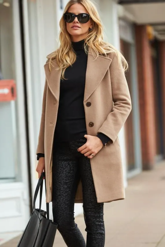 Sosandar Camel Wool Mix Coat With Tortoiseshell Button Detail Camel Women Jackets and Coats