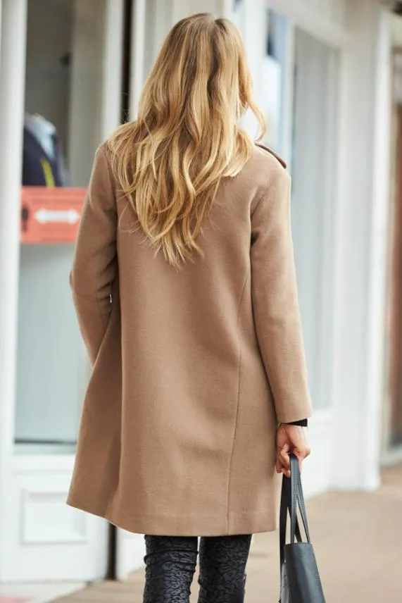 Sosandar Camel Wool Mix Coat With Tortoiseshell Button Detail Camel Women Jackets and Coats