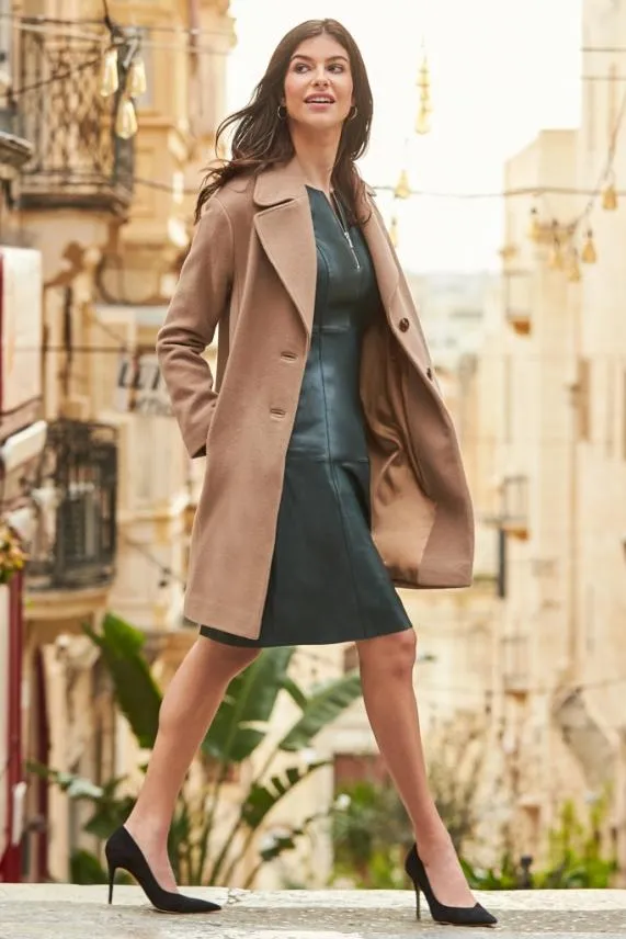 Sosandar Camel Wool Mix Coat With Tortoiseshell Button Detail Camel Women Jackets and Coats